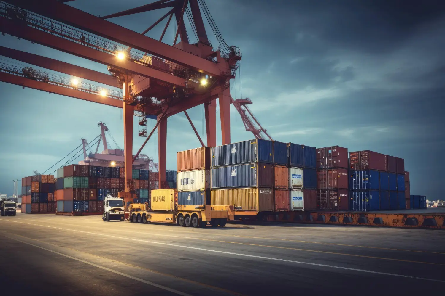 Container terminal with cranes loading cargo at dusk